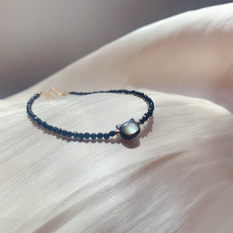 Fortune Jewel 14K Gold Plated Black Spinel White Crystal Cute Cat Tridacna Stone Healing Bracelet