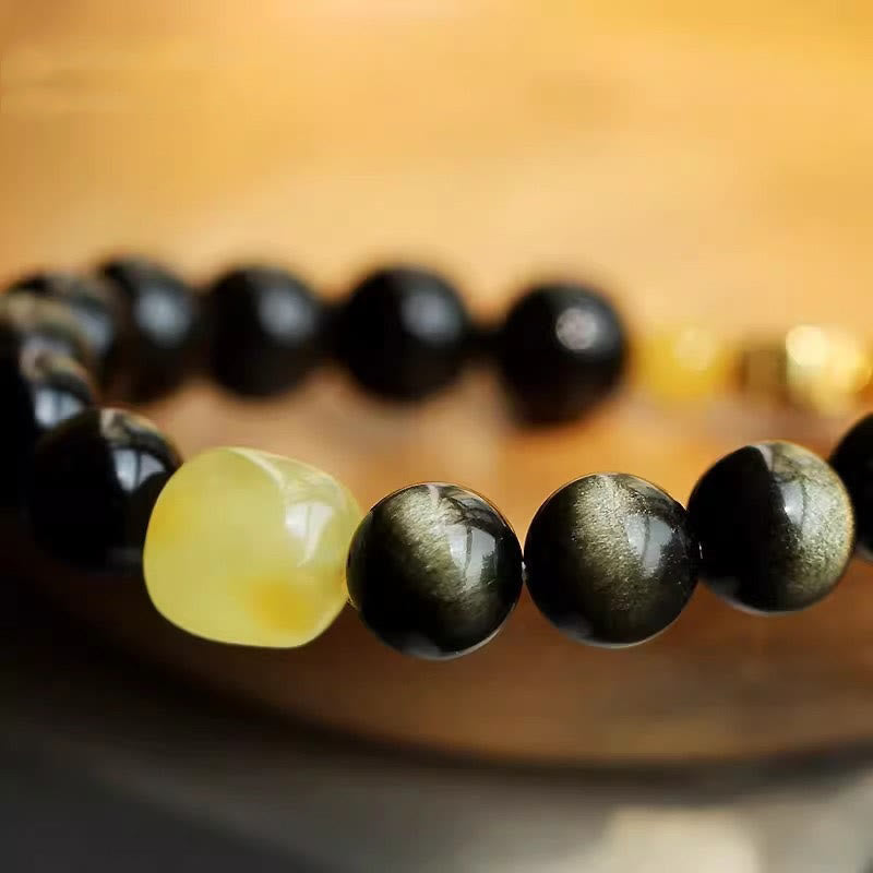 Fortune Jewel 925 Sterling Silver Chinese Zodiac Natal Buddha Natural Gold Sheen Obsidian Amber Wealth Protection Bracelet