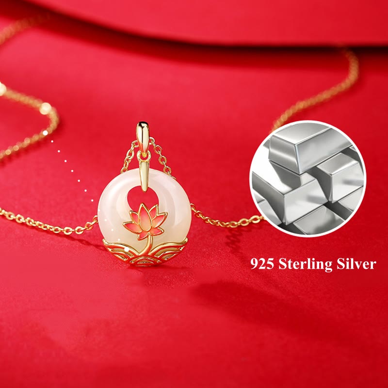 Fortune Jewel 925 Sterling Silver Hetian White Jade Lotus Flower Blessing Necklace Pendant Fortune Jewel