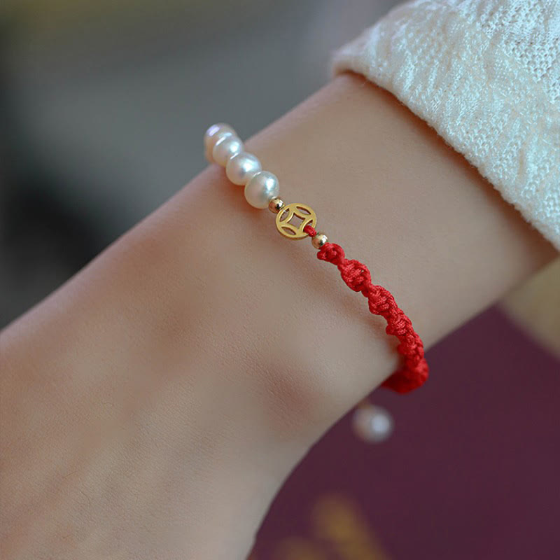 Fortune Jewel 14K Gold Plated Pearl Bead Luck Protection Braid Red String Bracelet