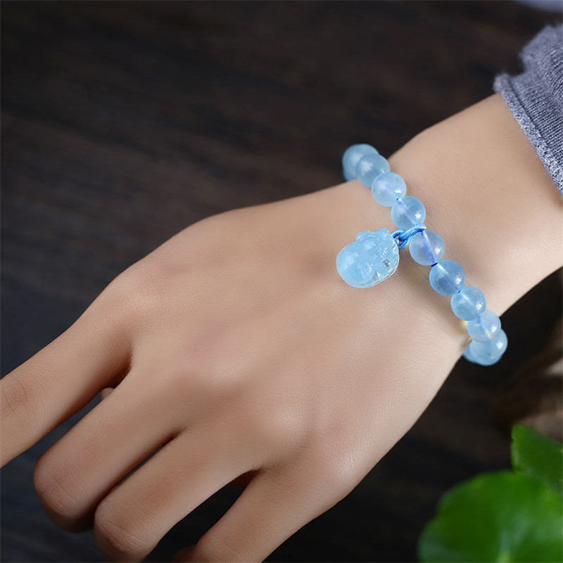 Fortune Jewel Natural Aquamarine Amber Pixiu Peace Healing Charm Bracelet