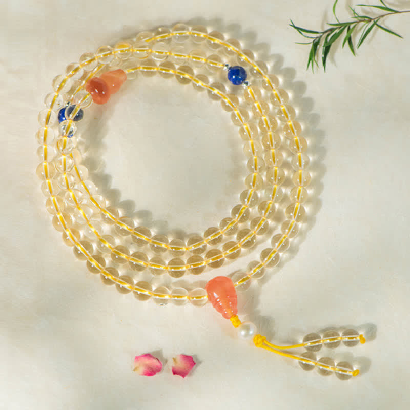 Fortune Jewel 108 Mala Beads 925 Sterling Silver Natural Citrine Red Agate White Jade Prosperity Charm Bracelet
