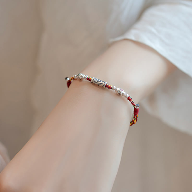 Fortune Jewel 925 Sterling Silver Luck Koi Fish Braided Colorful String Bracelet Anklet