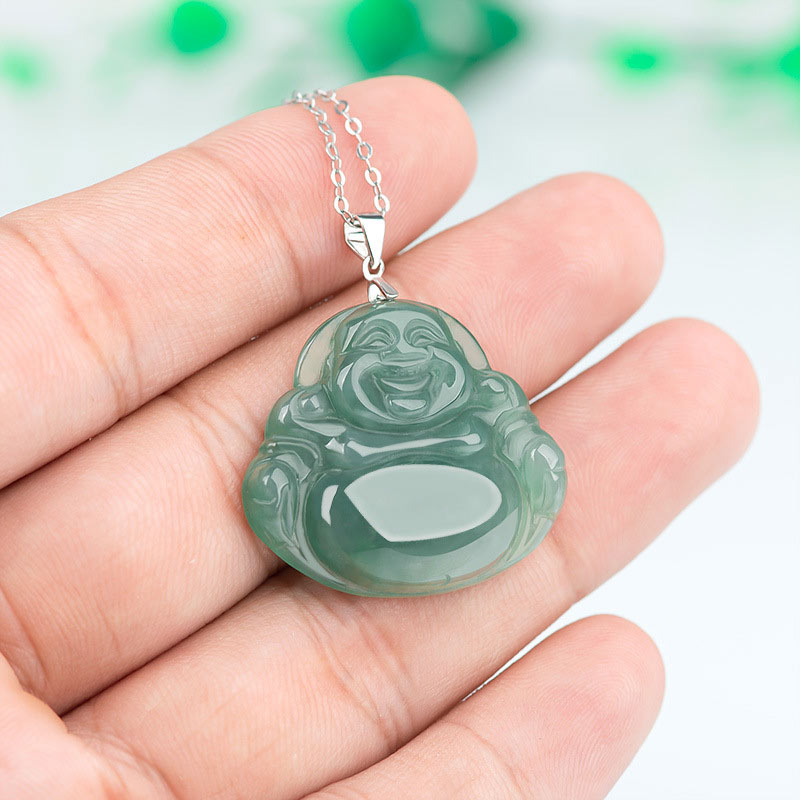 Fortune Jewel Laughing Buddha Jade Protection Calm Titanium Steel Chain Necklace Pendant Fortune Jewel