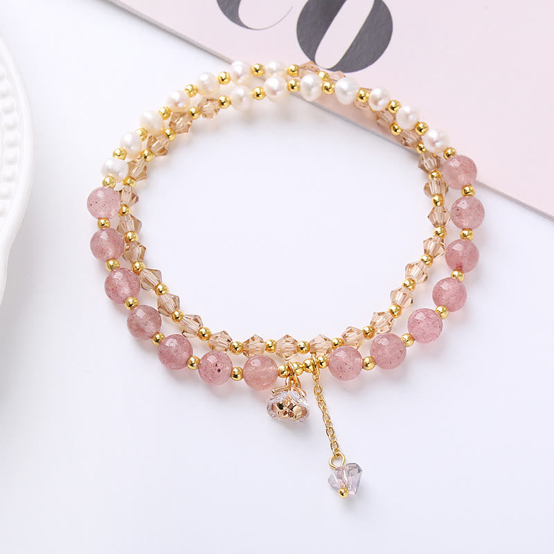 Fortune Jewel Natural Amethyst Aquamarine Strawberry Quartz Pearl Peace Healing Double Wrap Bracelet