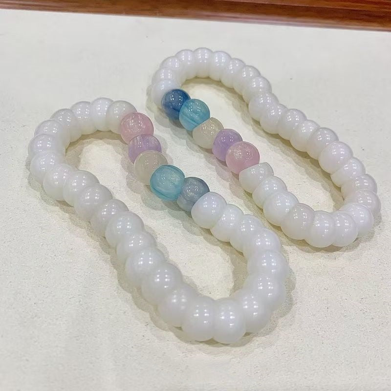 Buddha3bodhi 12mm Angled-Cut White Bodhi Bracelet with Rainbow Cat's Eye Beads