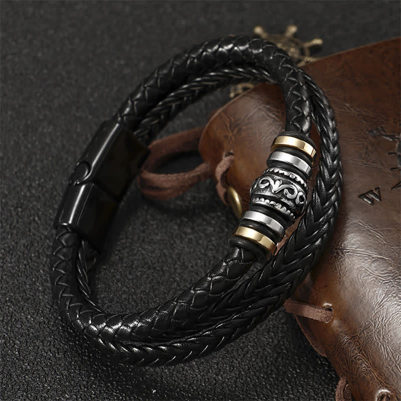 Fortune Jewel Leather Layered Titanium Steel Balance Braided Bracelet