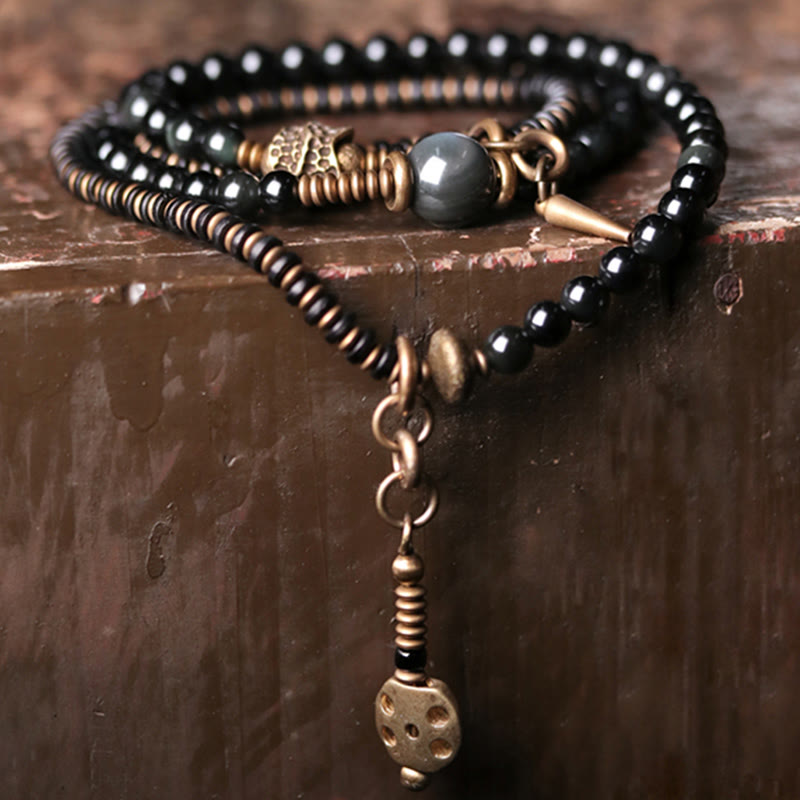 Fortune Jewel Rainbow Obsidian Ebony Wood Copper Positive Multilayer Bracelet