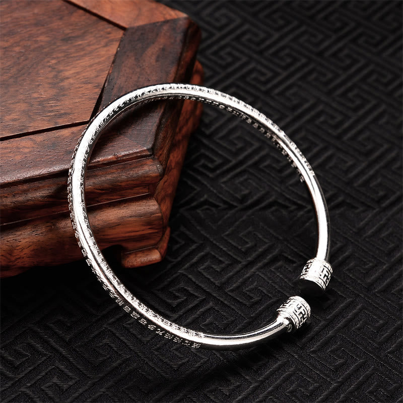 Fortune Jewel Heart Sutra Engraved Swastika Pattern Luck White Copper Bracelet Bangle