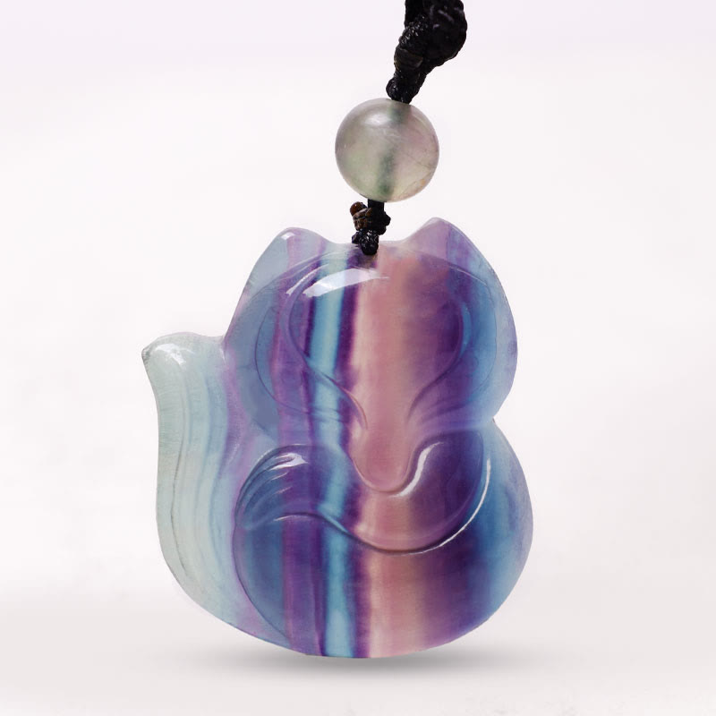 Fortune Jewel Natural Fluorite Gold Sheen Obsidian Fox Pendant Protection Necklace
