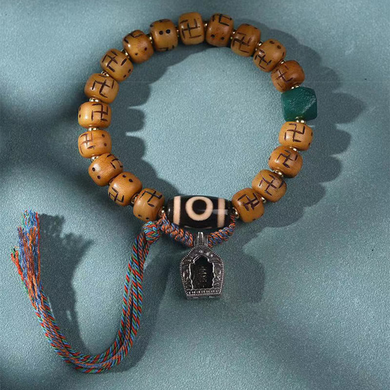 Fortune Jewel Natural Tibetan Camel Bone Swastika Dzi Bead Shankha Buddha Charm Kirtimukha Luck Protection Tassel Bracelet
