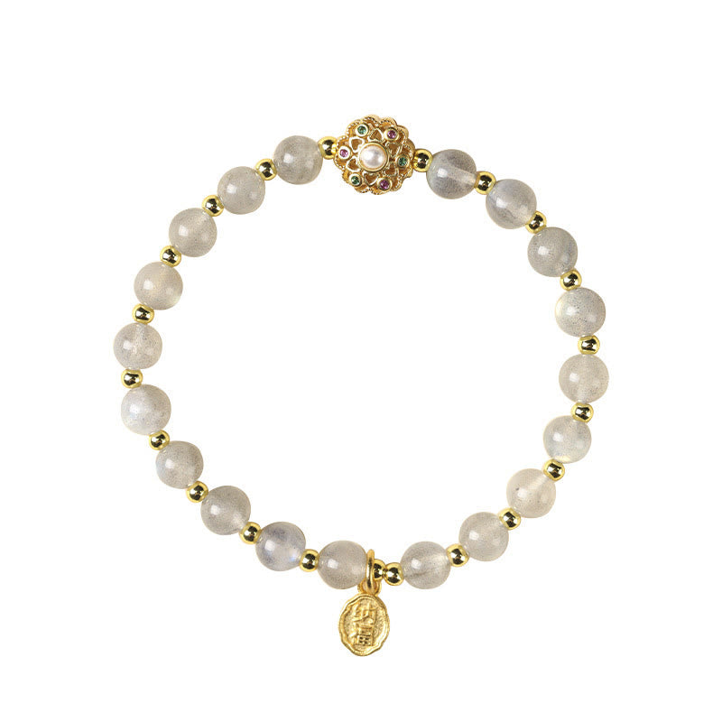 Fortune Jewel 14K Gold Plated Natural Strawberry Quartz Labradorite Sun Stone Fu Character Positive Charm Bracelet