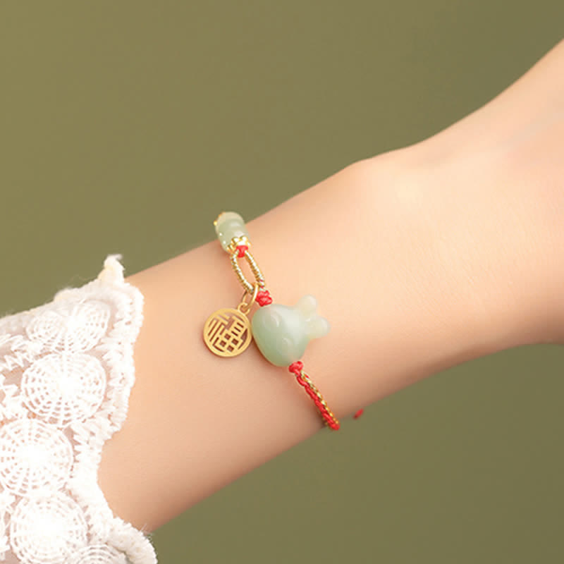 Fortune Jewel 925 Sterling Silver Year of the Rabbit Hetian Jade Happiness Luck Red String Bracelet