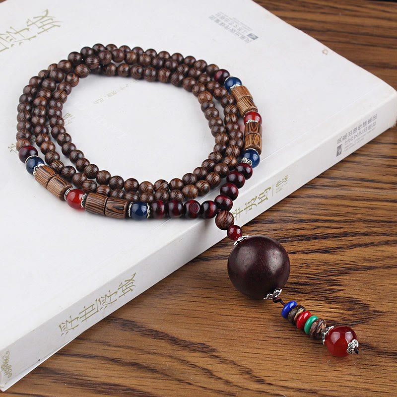 Fortune Jewel Tibetan Wenge Wood Bodhi Seed Agate Balance Peace Necklace Pendant