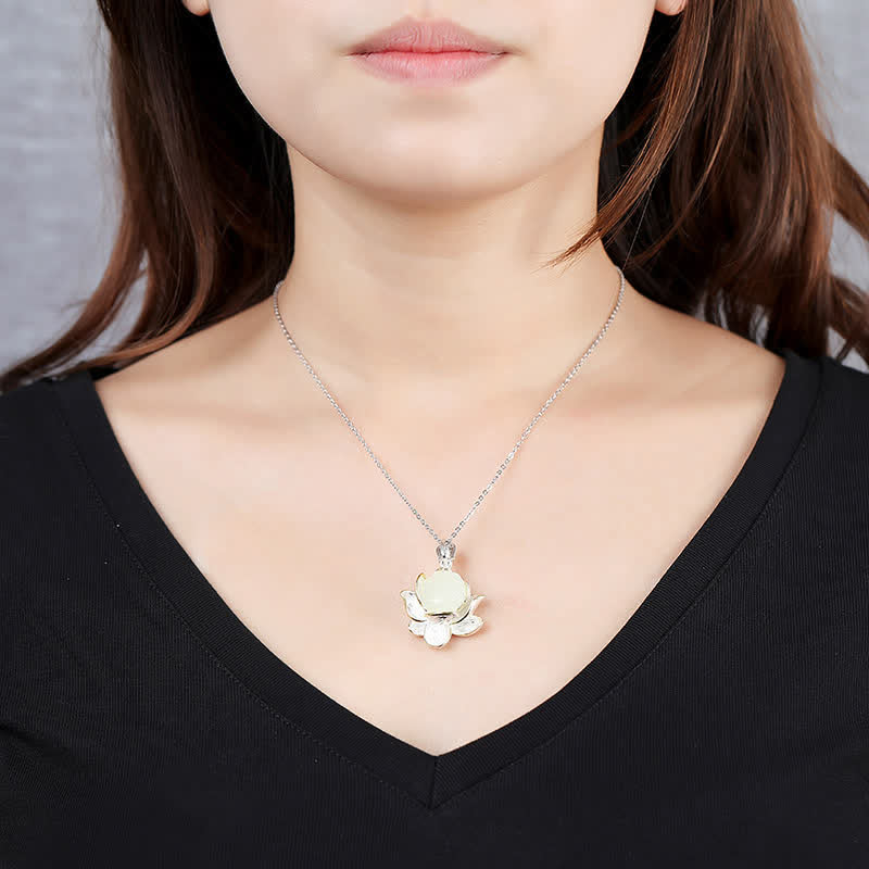 Fortune Jewel White Jade Lotus Flower Happiness Necklace Fortune Jewel