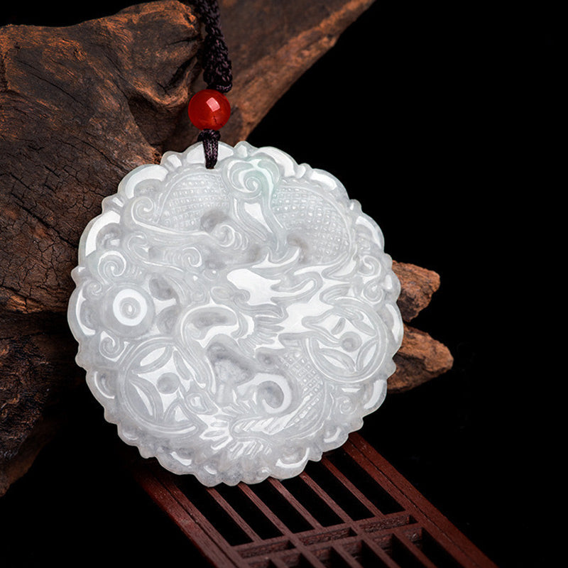 Fortune Jewel White Jade Dragon Protection Necklace String Pendant Fortune Jewel
