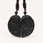 Fortune Jewel Black Obsidian Love Dragon Phoenix Protection Necklace Pendant