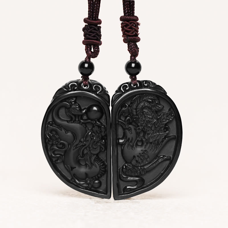 Fortune Jewel Black Obsidian Love Dragon Phoenix Protection Necklace Pendant