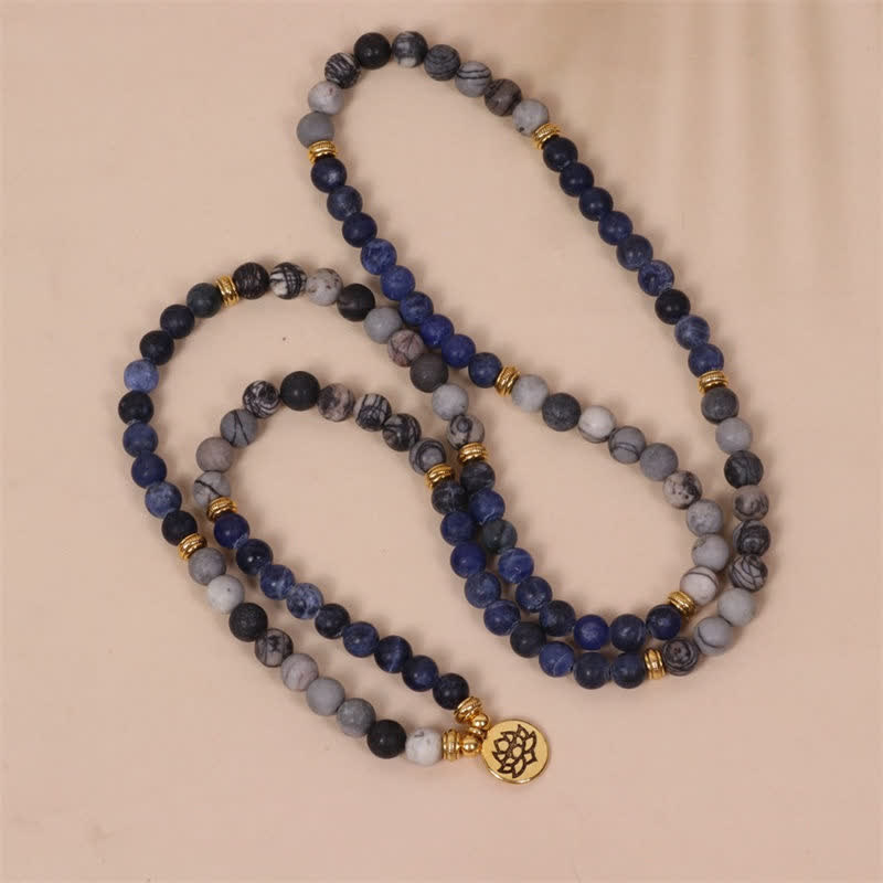 Fortune Jewel 108 Mala Beads Sodalite Zebra Jasper Crystal Lotus Strength Bracelet
