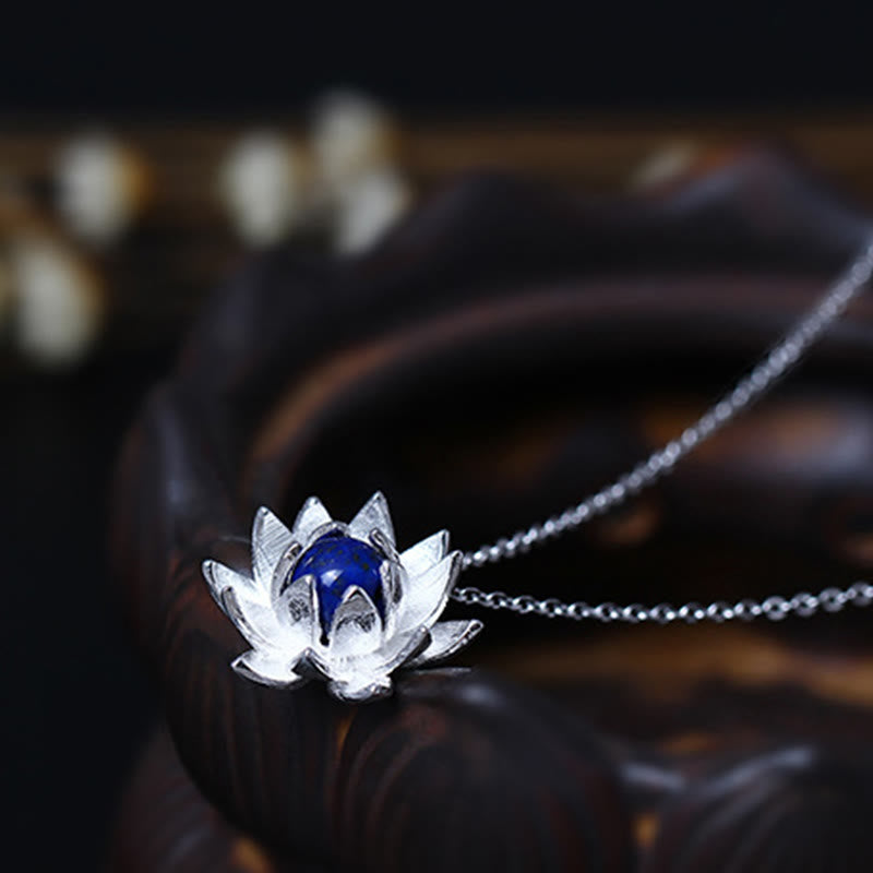 Fortune Jewel 925 Sterling Silver Lazurite Lotus Flower Self Care Necklace Pendant