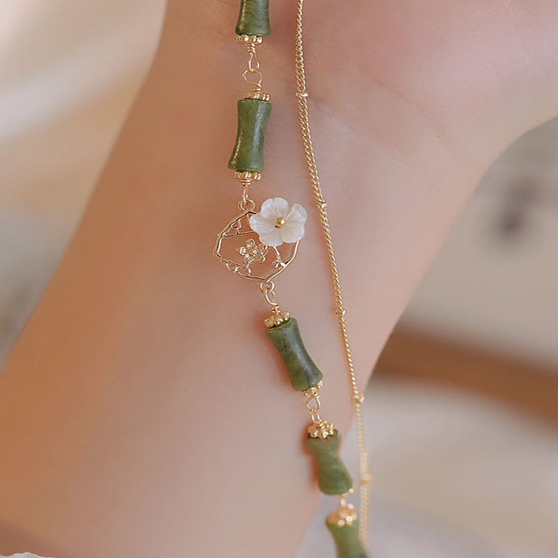 Fortune Jewel 14k Gold Plated Copper Peridot Bamboo Flower Wealth Double Layer Bracelet