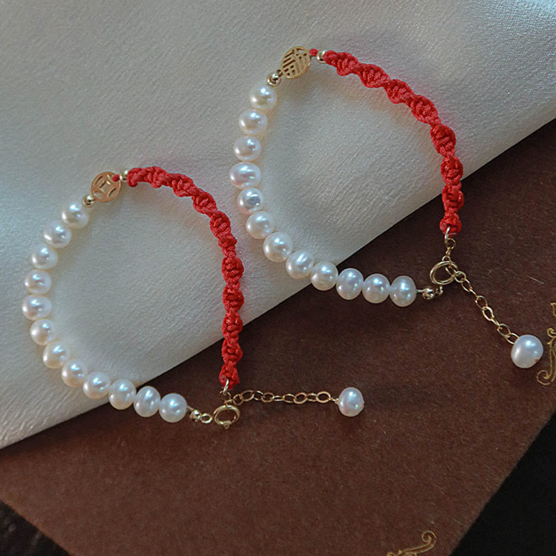Fortune Jewel 14K Gold Plated Pearl Bead Luck Protection Braid Red String Bracelet