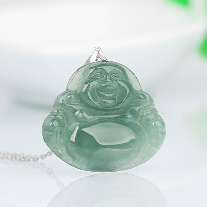 Fortune Jewel Laughing Buddha Jade Protection Calm Titanium Steel Chain Necklace Pendant Fortune Jewel