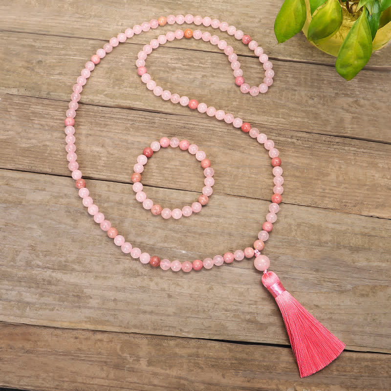 Fortune Jewel 108 Mala Beads Pink Crystal Love Tassel Bracelet