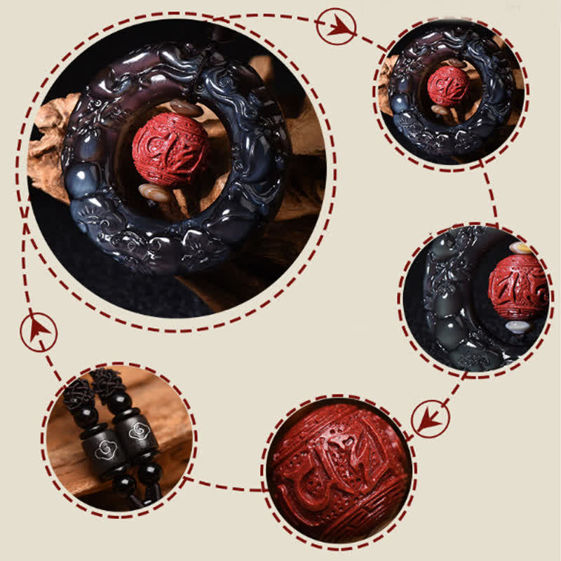 Fortune Jewel FengShui Natural Rainbow Obsidian PiXiu Cinnabar Healing Necklace Pendant