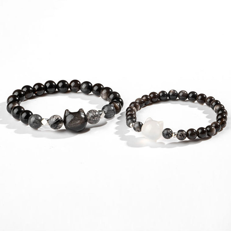 Fortune Jewel Natural Silver Sheen Obsidian Cute Cat Head Protection Bracelet