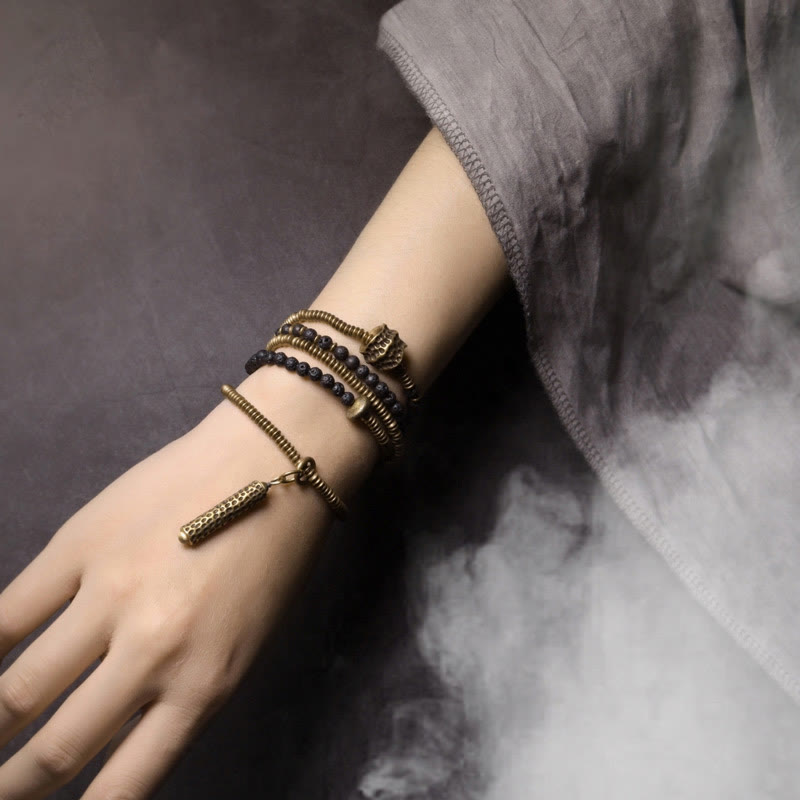 Fortune Jewel Vintage Lava Rock Brass Copper Healing Multilayered Bracelet