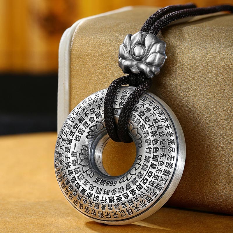 Fortune Jewel 999 Sterling Silver Heart Sutra Lotus Peace Buckle Necklace Pendant Fortune Jewel