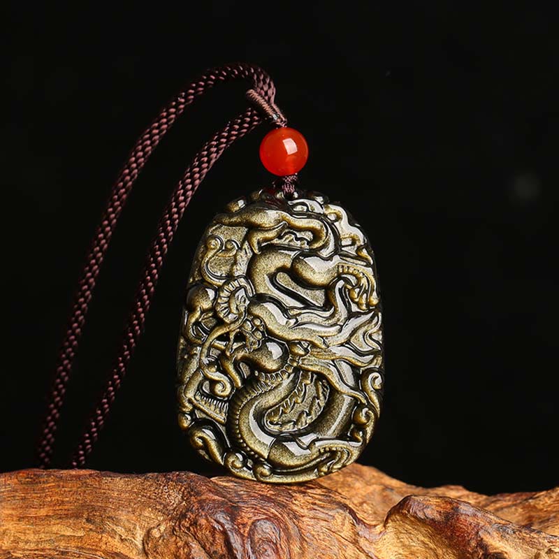 Fortune Jewel Gold Sheen Obsidian Dragon Pattern Success Necklace Pendant