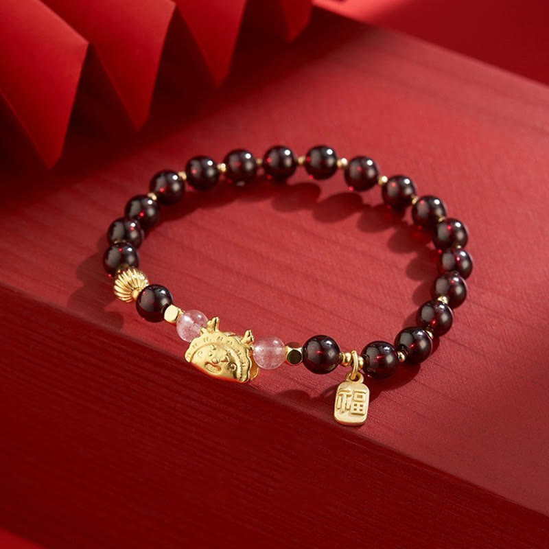 Fortune Jewel Year of the Dragon Dumpling Natural Red Agate Garnet Hetian Jade Fu Character Luck Success Bracelet