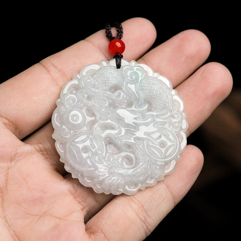 Fortune Jewel White Jade Dragon Protection Necklace String Pendant Fortune Jewel