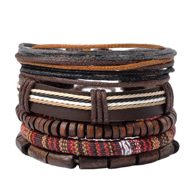 Fortune Jewel Wrap Hemp Cords Wood Beads Leather Bracelet