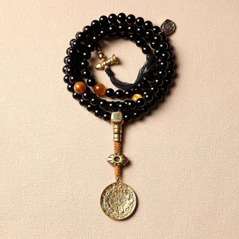 Fortune Jewel Tibetan 108 Mala Beads Black Onyx Tiger Eye Beads Nine Palaces Bagua Protection Bracelet