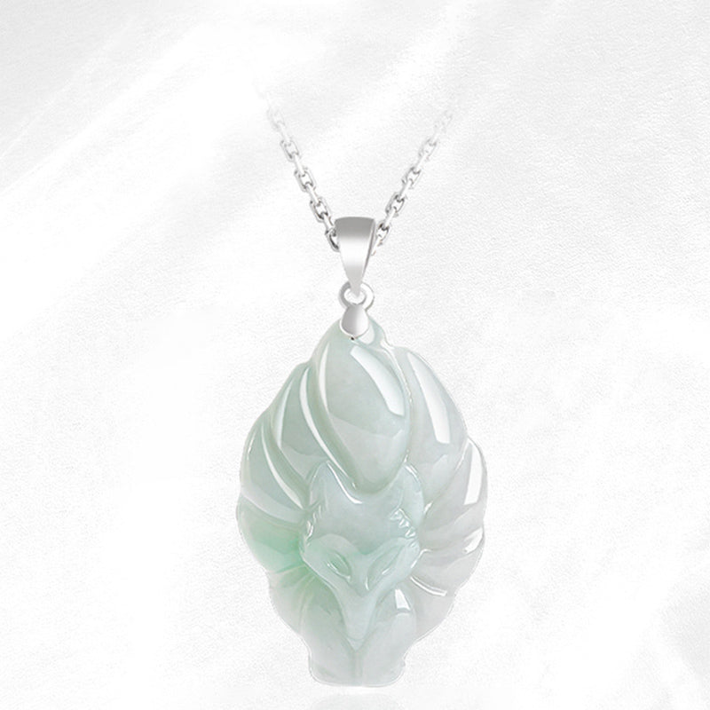 Fortune Jewel Natural Jade Nine Tailed Fox Prosperity Titanium Steel Chain Necklace Pendant