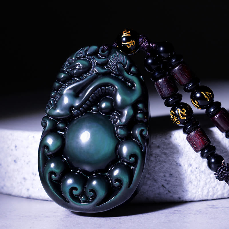 Fortune Jewel Tibetan Positive Rainbow Obsidian PiXiu Necklace