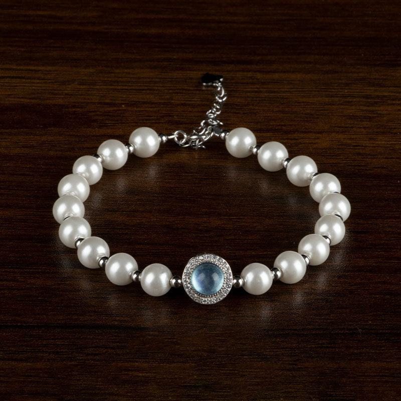 Fortune Jewel 925 Sterling Silver Pearl Blue Chalcedony Healing Chain Bracelet Ring