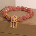 Fortune Jewel Natural Strawberry Quartz Four Leaf Clover Dreamcatcher Charm Love Bracelet
