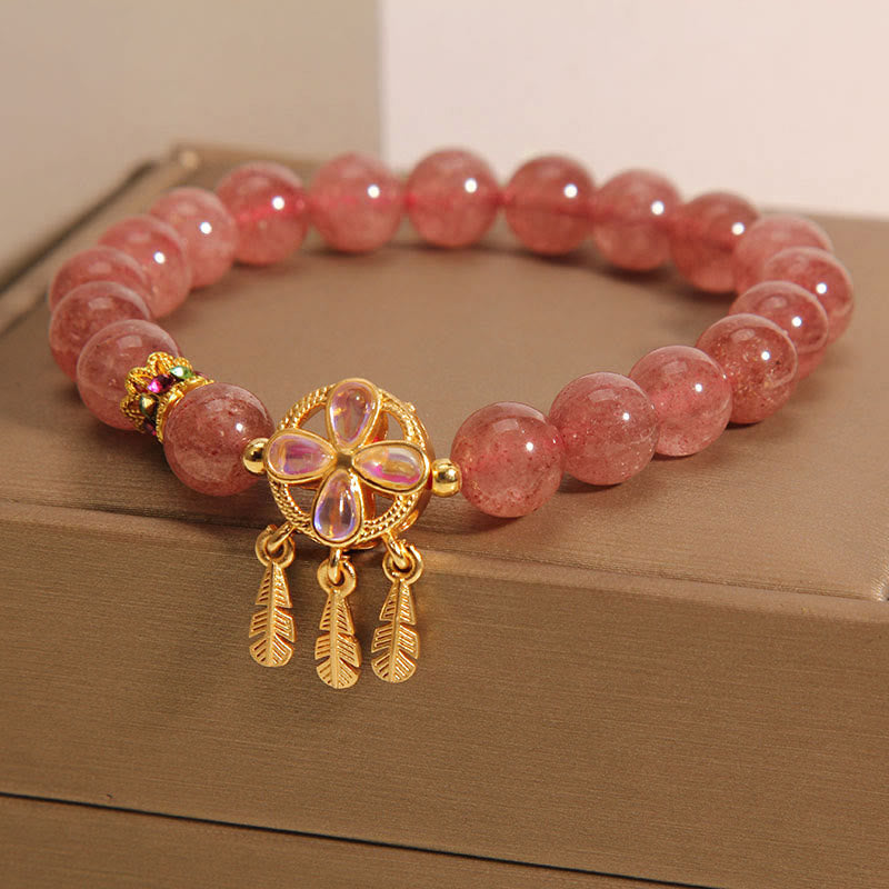 Fortune Jewel Natural Strawberry Quartz Four Leaf Clover Dreamcatcher Charm Love Bracelet