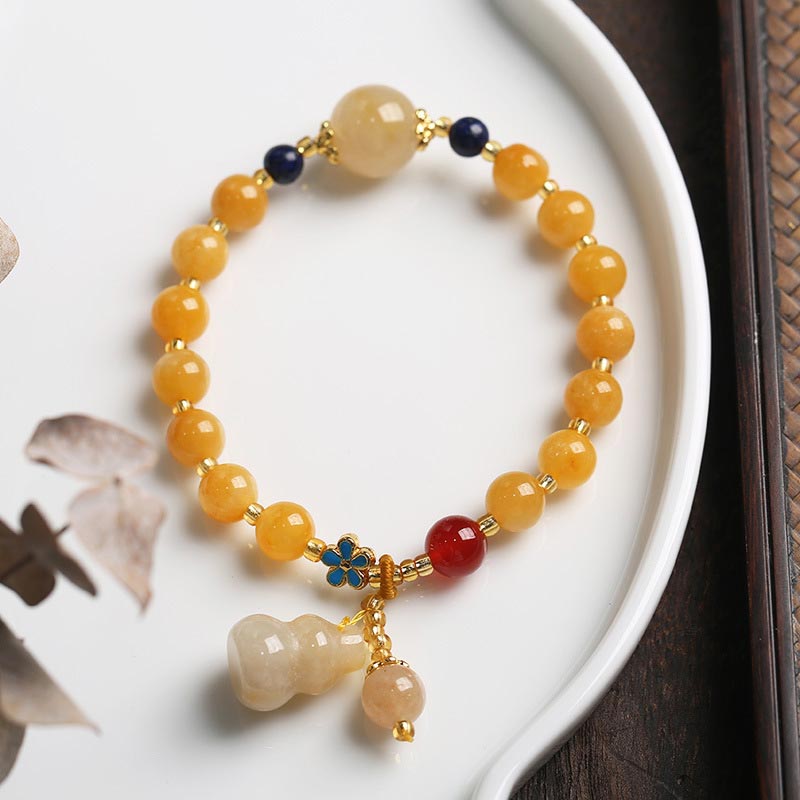 Fortune Jewel Natural Golden Silk Jade Gourd Charm Wealth Luck Bracelet