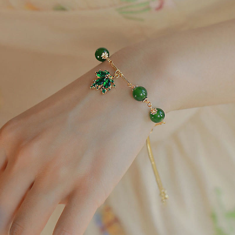 Fortune Jewel 14k Gold Plated Green Chalcedony Maple Leaf Courage Strength Bracelet