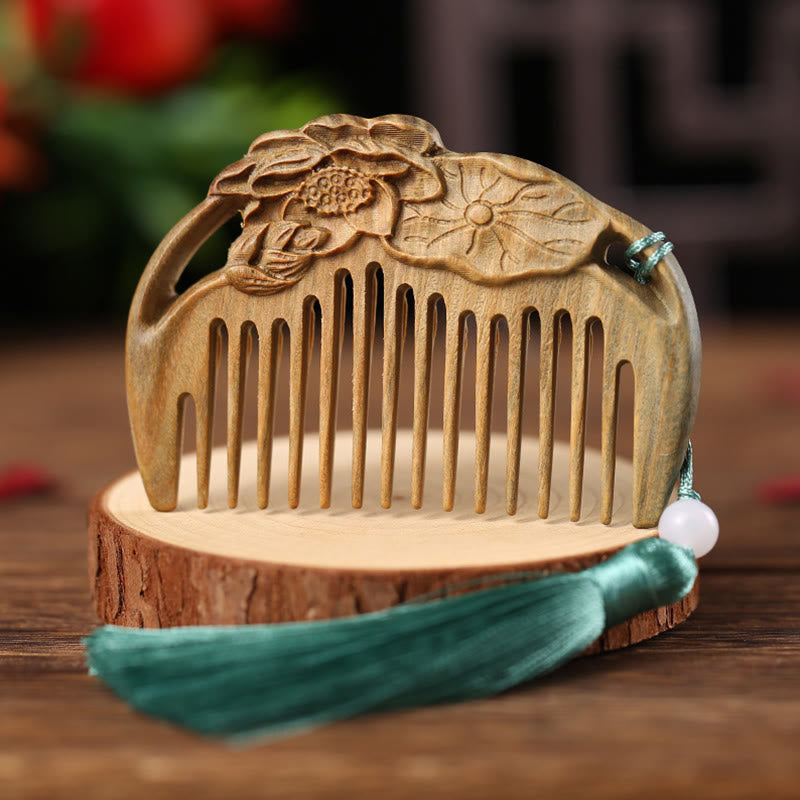 Fortune Jewel Green Sandalwood Fox Peony Flower Lotus Engraved Cure Tassel Comb Fortune Jewel