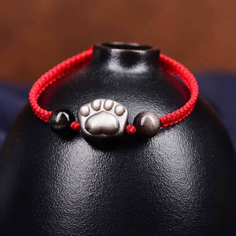 Fortune Jewel Natural Silver Sheen Obsidian Gold Sheen Obsidian Cute Cat Paw Claw Protection Rope Bracelet