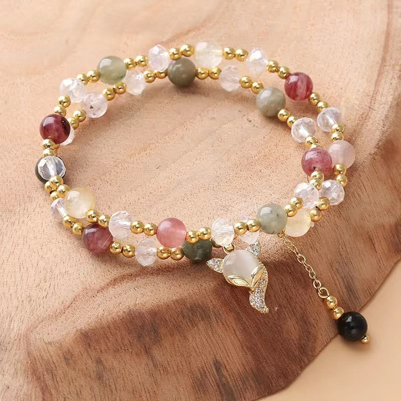 Fortune Jewel Multicolored Rutilated Quartz Fox Protection Double Wrap Bracelet