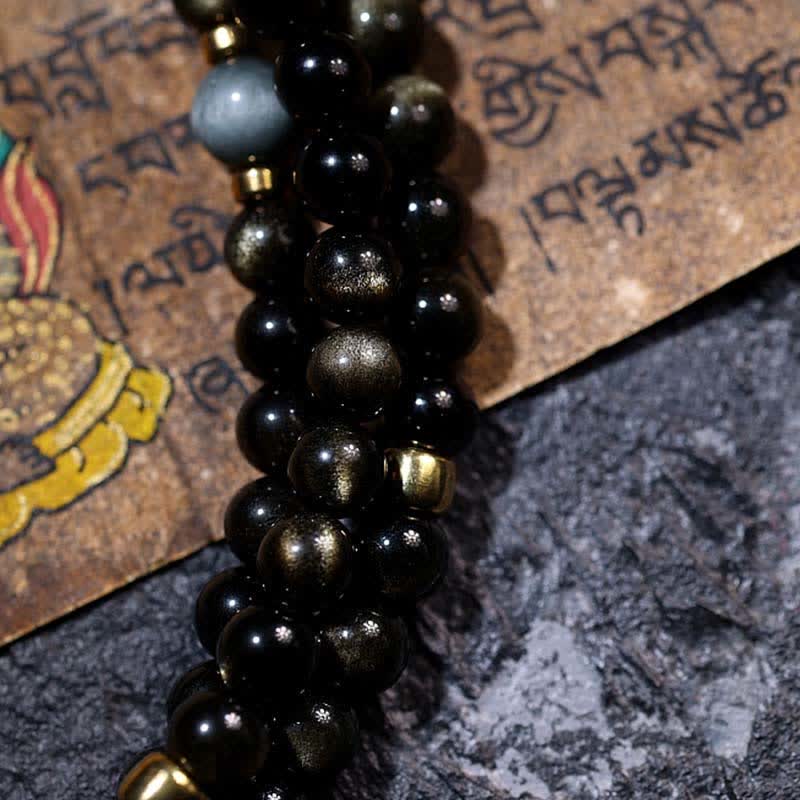 Fortune Jewel 108 Mala Beads Gold Sheen Obsidian Tiger Eye Eagle's Eye Stone Wealth Bracelet