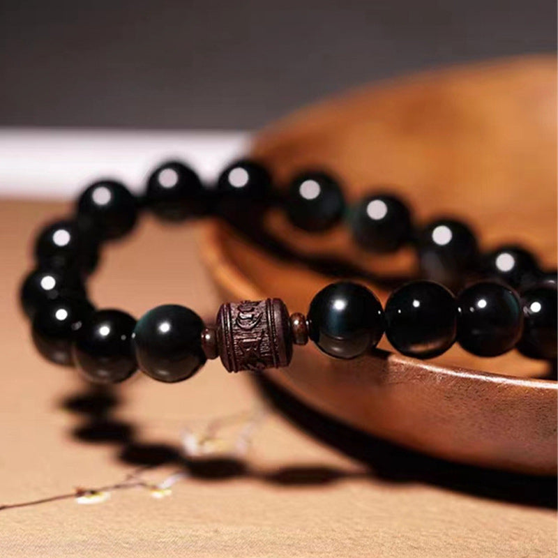 Fortune Jewel Natural Gold Sheen Obsidian Rainbow Obsidian Om Mani Padme Hum Fu Character Healing Bracelet