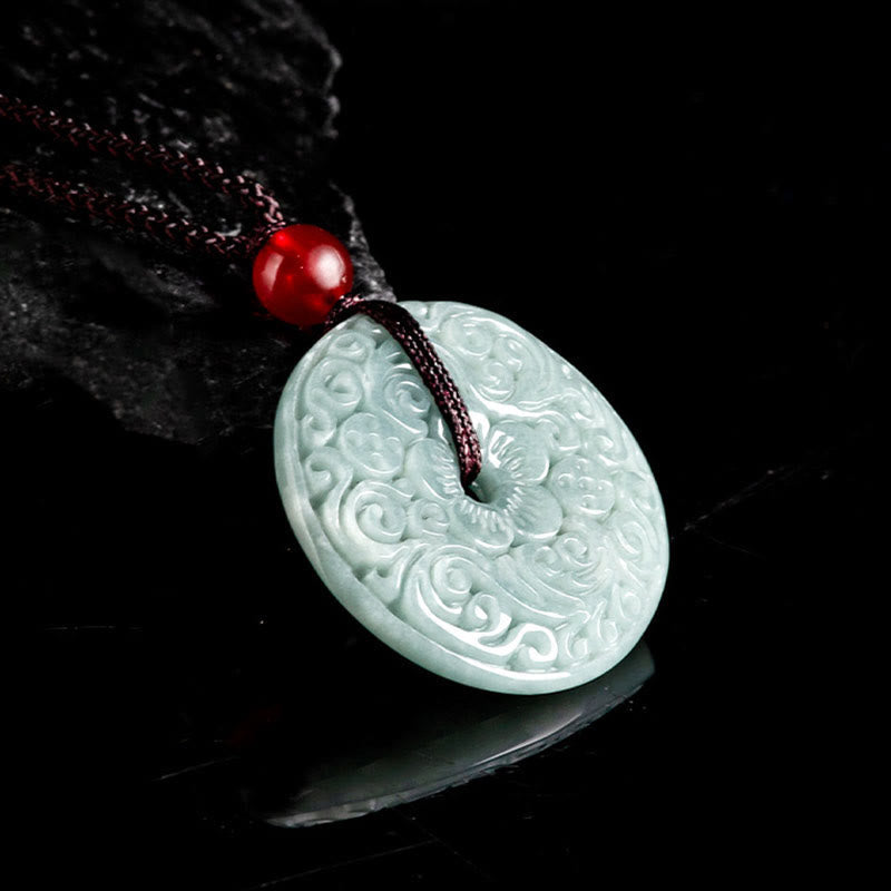 Fortune Jewel Green Jade Flower Carved Peace Buckle Abundance Necklace Pendant